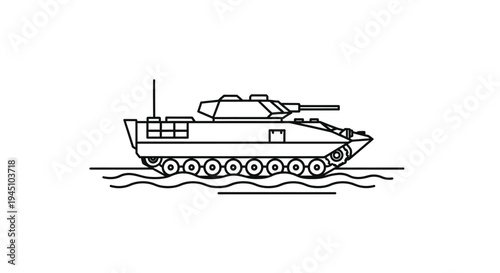 Amphibious Armored Vehicle on Water, Military Tank Line Art Icon