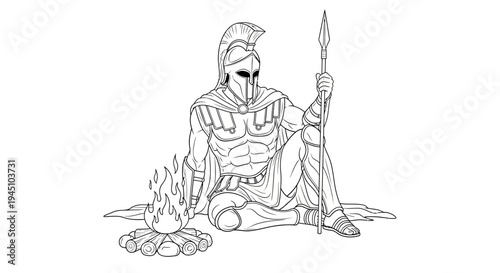 Ancient Greek warrior sitting by a campfire, holding a spear, warrior art