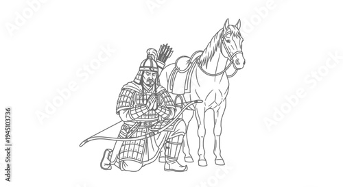 Ancient Mongolian Warrior Archer with Horse, Kneeling, Ready to Shoot