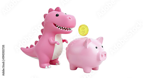 Pink Dinosaur and Piggy Bank with Dollar Coin