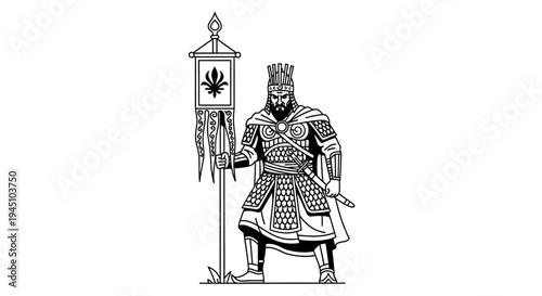 Ancient Warrior Holding Banner with Fleur-de-lis Symbol, Medieval Knight Illustration