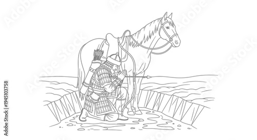Ancient Warrior Kneeling with Horse, Aiming Bow and Arrow in Trench