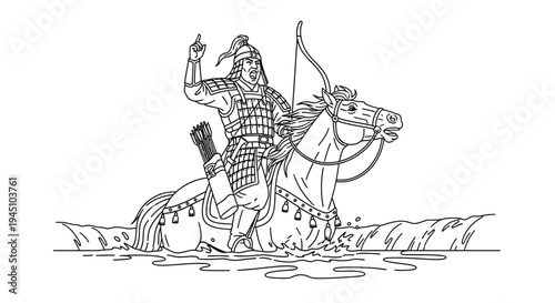 Ancient Warrior on Horseback Riding Through Water with Bow and Arrow