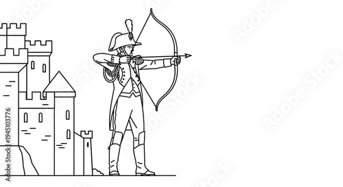 Archer in historical uniform aims bow and arrow at castle