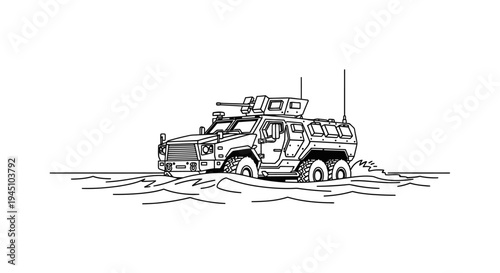 Armored Military Vehicle Crossing Water Obstacle, Line Art Illustration