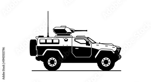 Armored Military Vehicle with Turret - Black and White Illustration