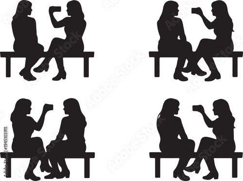 Collection Silhouettes of two women sitting on a bench, one taking a photo with phone on white background vector