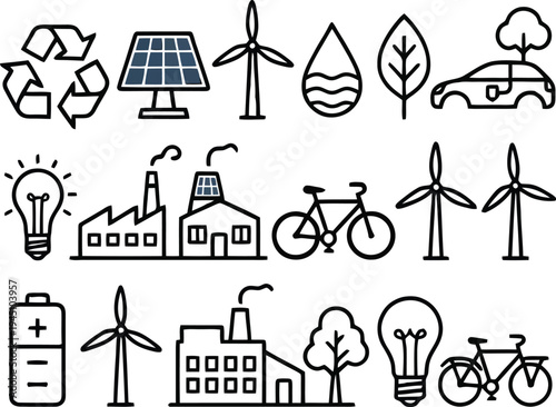 Eco friendly lifestyle icons featuring recycling symbols and renewable energy sources pack