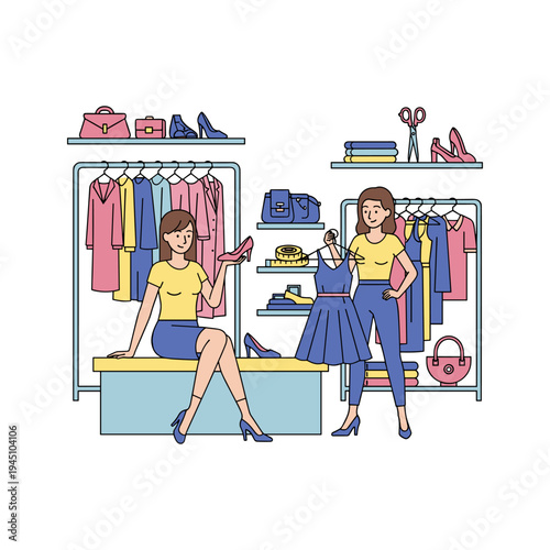 Two women standing and sitting in a colorful clothing store