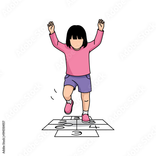 A cartoon girl playing hopscotch on a white background