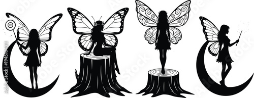 Magical fairy silhouettes with butterfly wings standing on moon and tree stumps, fantasy fairy tale characters isolated on light background for mystical design