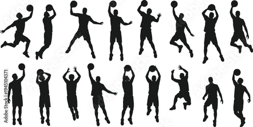 Basketball Players Silhouettes in Action on White Background illustration