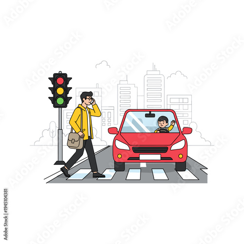 A man on phone walks past a waving driver at a crosswalk