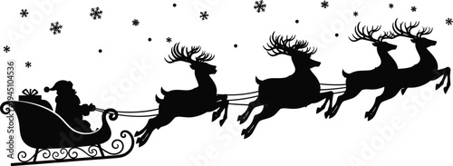 Santa Claus sleigh with flying reindeer silhouette under falling snowflakes, festive Christmas holiday scene isolated on light background for winter decoration design