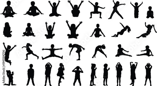 Children Silhouettes in Various Poses playing sitting