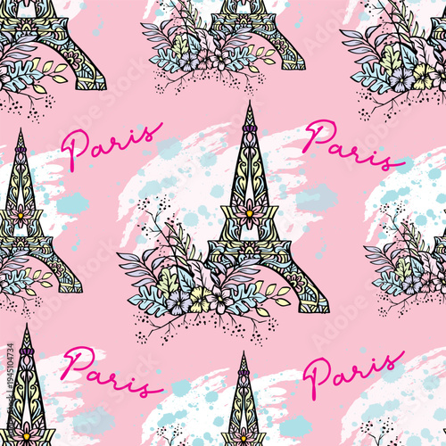Seamless pattern with Eiffel tower and hand drawn flowers. Vector illustration.