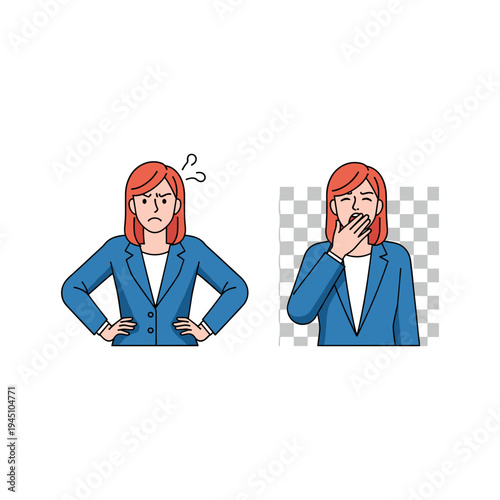 A cartoon woman with two different emotional expressions