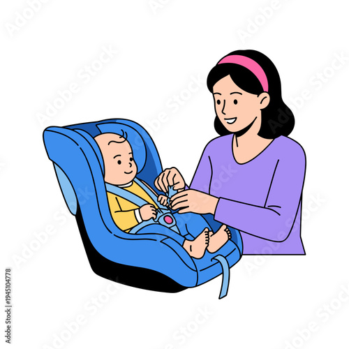A woman buckling a baby into a car seat
