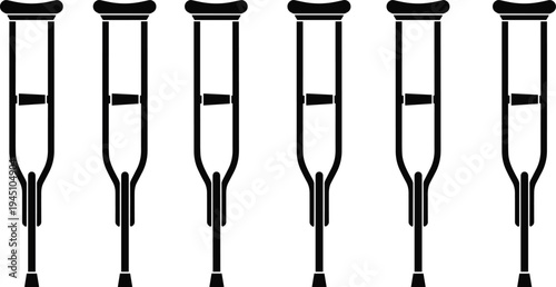 WebSet of medical crutch silhouettes isolated on light background, mobility aid equipment icons for injury recovery, orthopedic support, rehabilitation 