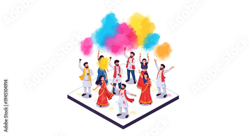 Colorful illustration of people celebrating Holi festival with colored powder and water splashing in a vibrant spring celebration with Indian cultural traditions.