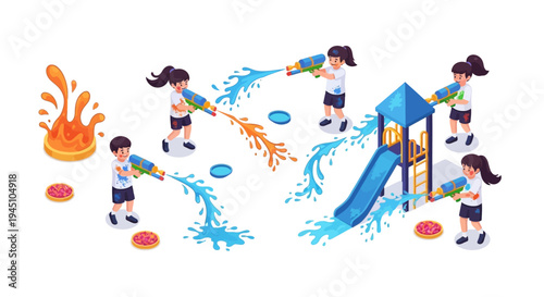 Illustration of children playing with colored powder and water on a playground during Holi festival, with a vibrant and joyful atmosphere.