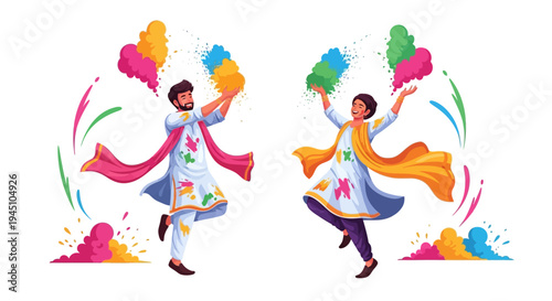 Vector illustration of two people celebrating Holi festival with colored powder in a joyful and vibrant spring celebration, depicting Hindu cultural traditions and Radha and Krishna customs.
