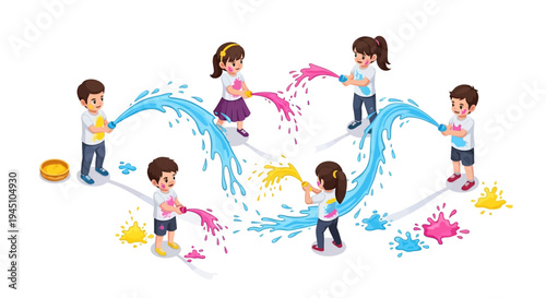 Vector illustration of children playing with colored powder and water on Holi festival, throwing vibrant colors in a joyful spring celebration.