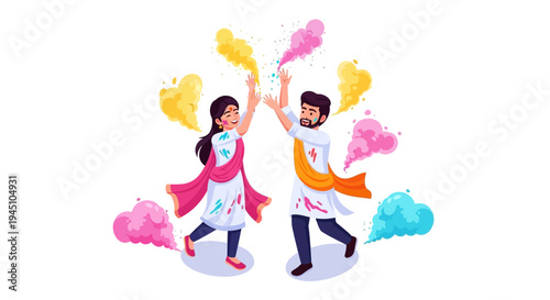 Illustration of a joyful Indian couple celebrating Holi festival with colored powder in a vibrant and playful scene.