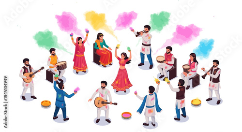 Vector illustration of people celebrating Holi festival with colored powder and music in a vibrant cultural scene.