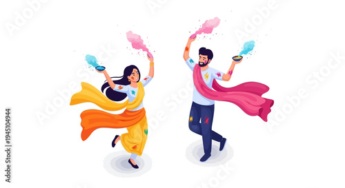 Vector illustration of a joyful Indian couple celebrating Holi festival with colored powder in a vibrant and lively scene.