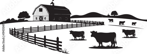 Black and white farm scene with barn cows and fence