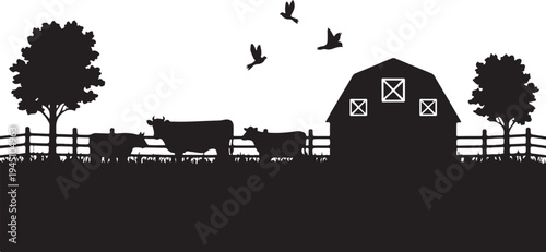 Black and white farm scene with barn cows trees and birds