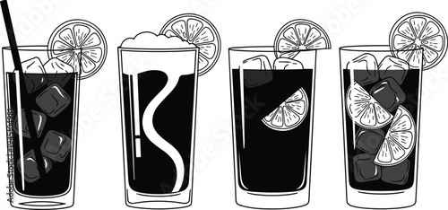 Set of refreshing iced cola drinks with lemon slices and ice cubes in glasses, beverage illustration isolated on light background for bar menu design