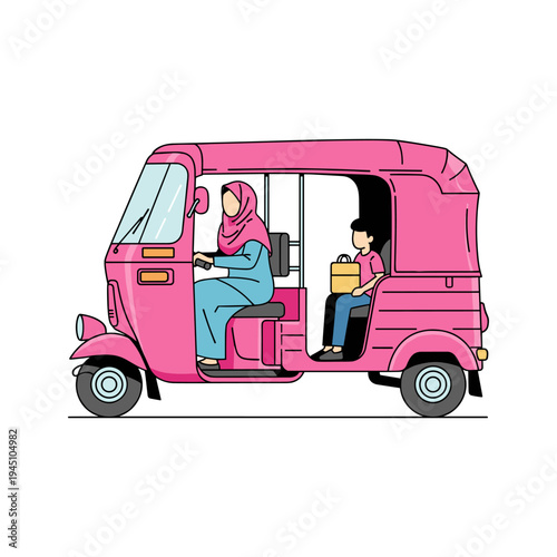 A pink tuk tuk with two people inside