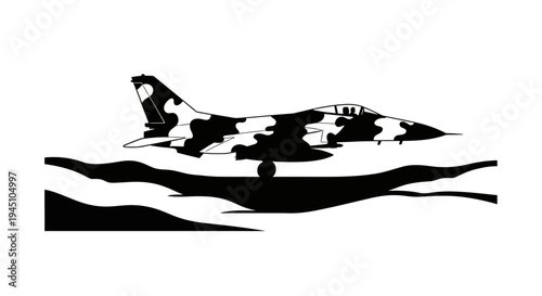 Camouflaged Fighter Jet Flying Low Over Abstract Landscape