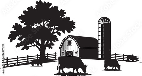 Black and white farm scene with barn silo and cows grazing
