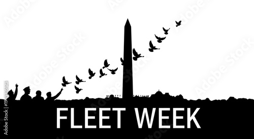 Fleet Week Washington DC: Silhouette of Washington Monument with Birds Flying and People Celebrating