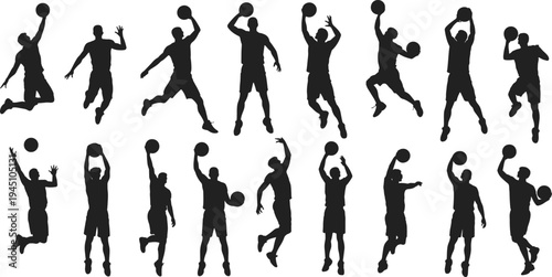 Collection of basketball player silhouettes in action poses on white background jumping