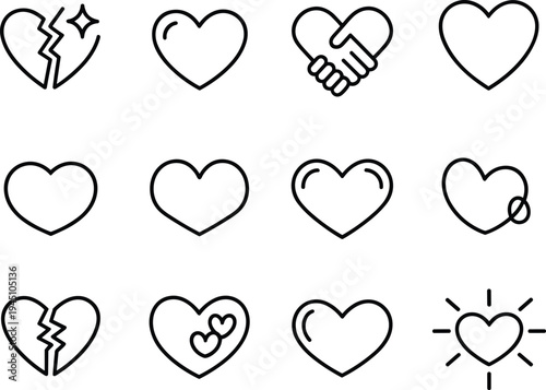 Heart icon set, love and romance symbols, broken and shining hearts, emotional graphics, outline style, black vector, white background