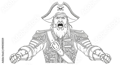 Furious Pirate Captain Roaring with Open Mouth, Wearing Tricorne Hat with Skull