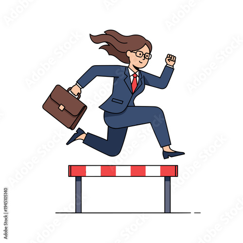 A businesswoman in a blue suit jumps over a hurdle with a briefcase