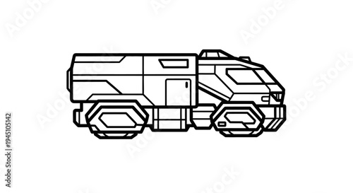 Futuristic Armored Vehicle Line Art, Sci-Fi Transport Truck Illustration