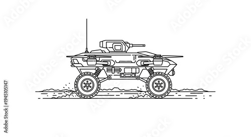 Futuristic Armored Vehicle with Cannon and Antenna, Line Art Illustration