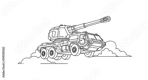 Futuristic Artillery Vehicle with Large Cannon in Clouds - Line Art