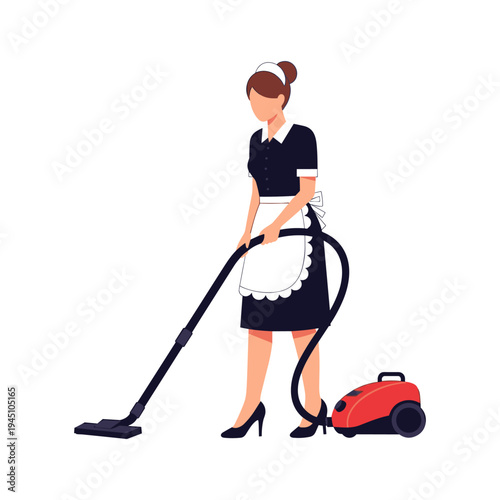 A woman in a black dress and white apron using a red vacuum cleaner