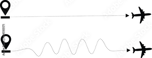 Airplane route path vector illustration with location pin and dotted travel line navigation flight direction concept