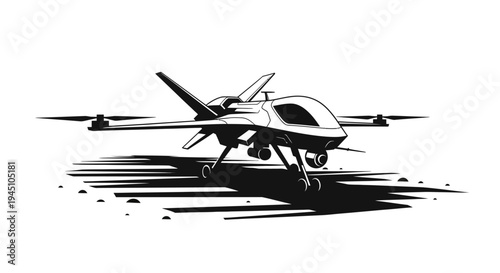 Futuristic Drone Aircraft with Quadcopter Rotors on Landing Gear, Black and White Illustration