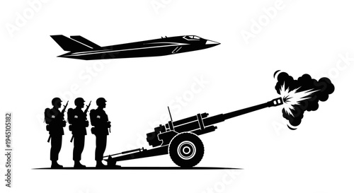 Military Artillery Firing with Fighter Jet Overhead, Soldiers in Silhouette