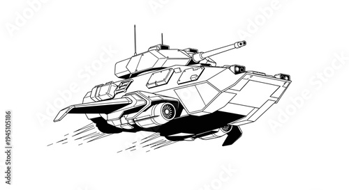 Futuristic Hover Tank with Cannon, Sci-Fi Military Vehicle, Line Art Illustration