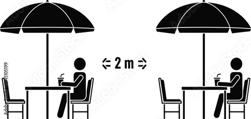 Social distancing concept illustration with people sitting at cafe tables under umbrellas keeping two meter distance, public health safety rule silhouette icon